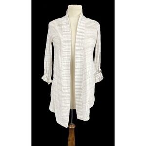 EUC Express Womens White Tan Striped Open Front Cardigan Roll Tab Sleeve Size S